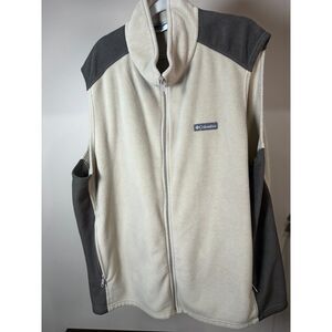 Columbia Men’s Fleece Vest 4XLT Tan Green Outdoor Hiking Layering EUC